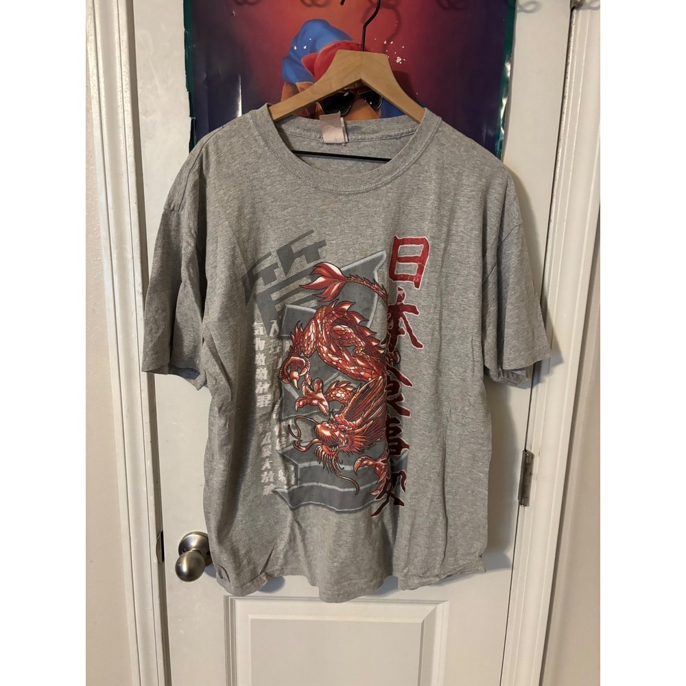 Freeze 24-7 Mens XL Grey Japanese Dragon Graphic T-Shirt Kanji Streetwear y2k